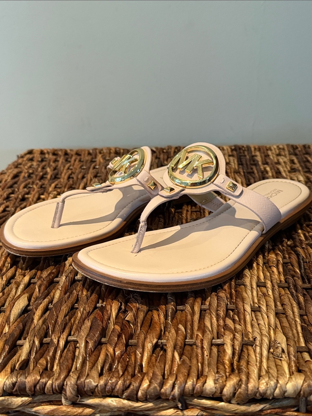 Michael Kors Cream Leather Logo Thong Sandals with Gold MK Accent